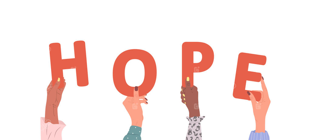 دست‌های زنان از نژادهای مختلف که کلمه قرمز «امید» را در دست دارند