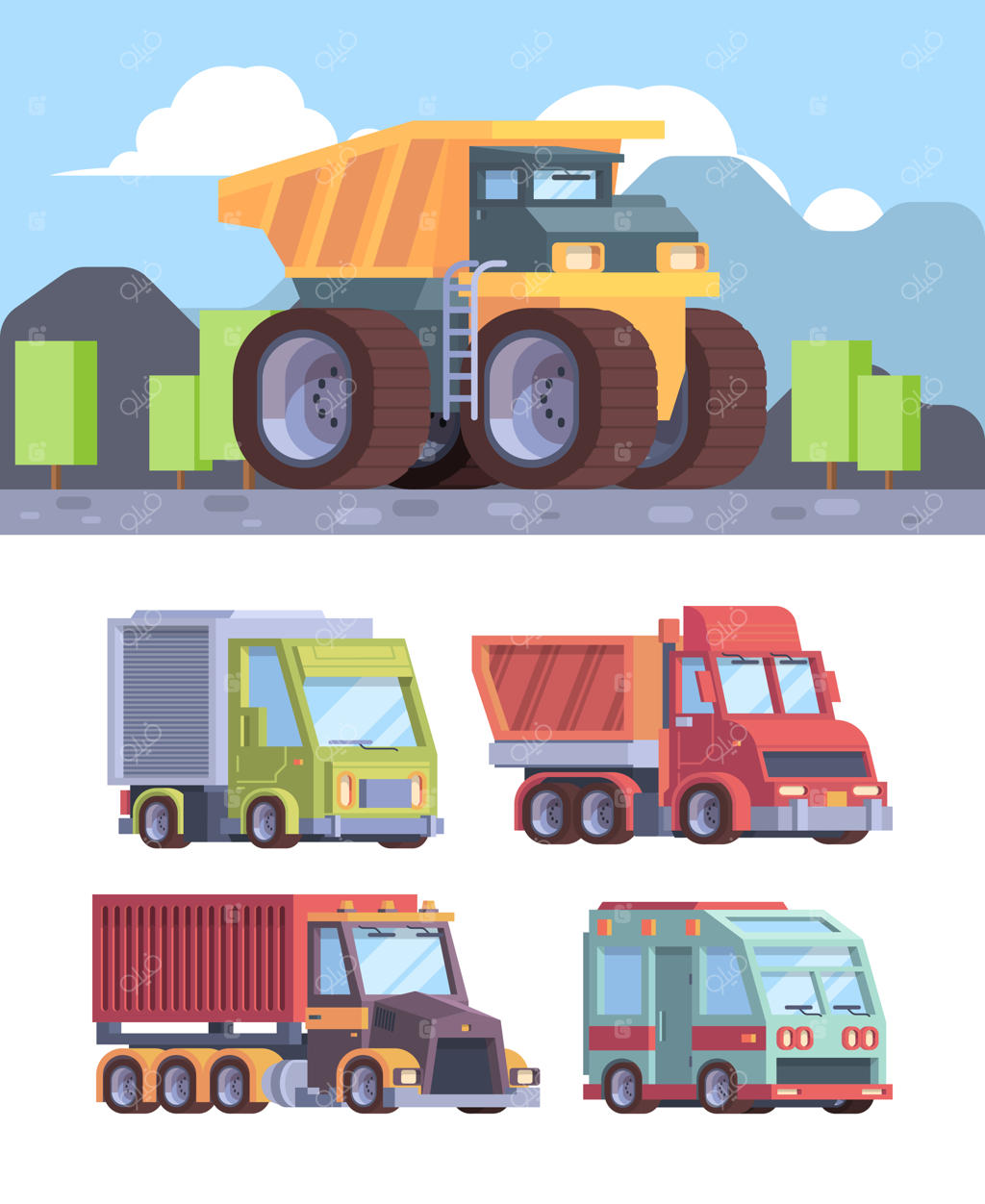 کامیون‌های سنگین و ماشین‌آلات صنعتی برای حمل بار و ساخت‌وساز؛ تصاویر وکتور از انواع خودروهای باری و تجاری