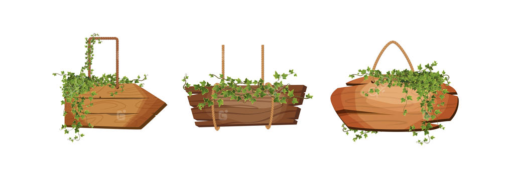 تابلوهای چوبی خالی آویزان با طناب و برگ‌های پیچک به عنوان بنر بازی‌ها