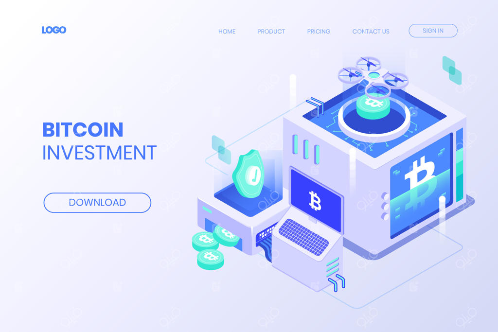 صفحه فرود سرمایه‌گذاری بیت‌کوین با طراحی ایزومتریک