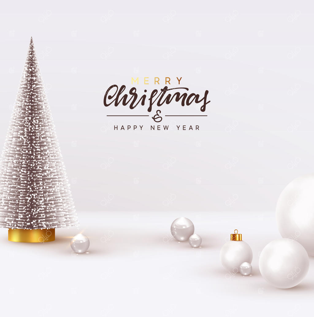 زمینه کریسمس و سال نو: درخت کاج و صنوبر شاداب، توپ‌های شیشه‌ای سفید و کره‌های شفاف سه‌بعدی. تصویرسازی زمستانی درخشان برای کارت تبریک، بنر و پوستر.