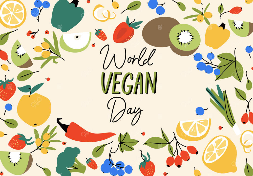 کارت تبریک برداری برای روز جهانی گیاهخواری با میوه‌ها و سبزیجات متنوع