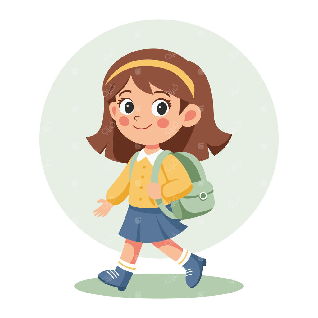 دختر دانش‌آموز بامزه با کوله‌پشتی در حال رفتن به مدرسه؛ کاراکتر محصل، تصویرسازی به سبک فلت