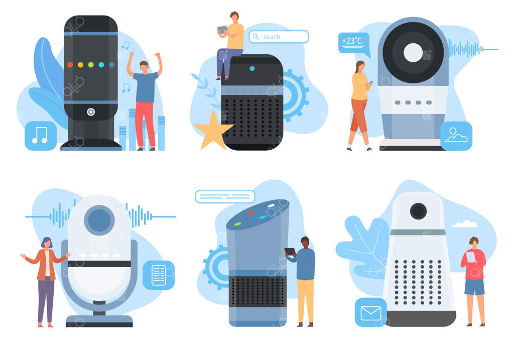 بلندگوی هوشمند تعاملی، دستگاه فرمان صوتی بی‌سیم. مفهوم استفاده از دستیار صوتی هوش مصنوعی خانگی برای ارتباط و اینترنت. تصویر کنترل هوشمند دستگاه