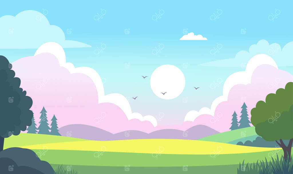 منظره باغ و پارک سبز با درختان و خورشید در تابستان