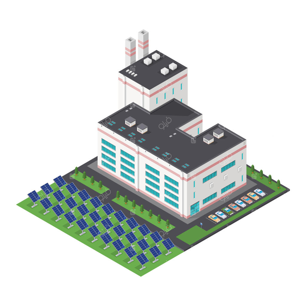 کارخانه نیروگاه مدرن و ایزومتریک با استفاده از پنل‌های خورشیدی برای تولید برق