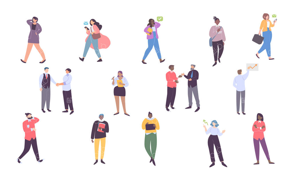 گروه کارمندان مرد و زن در حال گفتگو - تصویرسازی رنگی و کارتونی