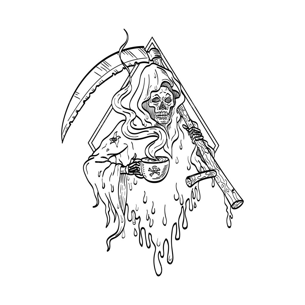 طرح سیاه و سفید تتو: فرشته مرگ با فنجان قهوه داغ و داس