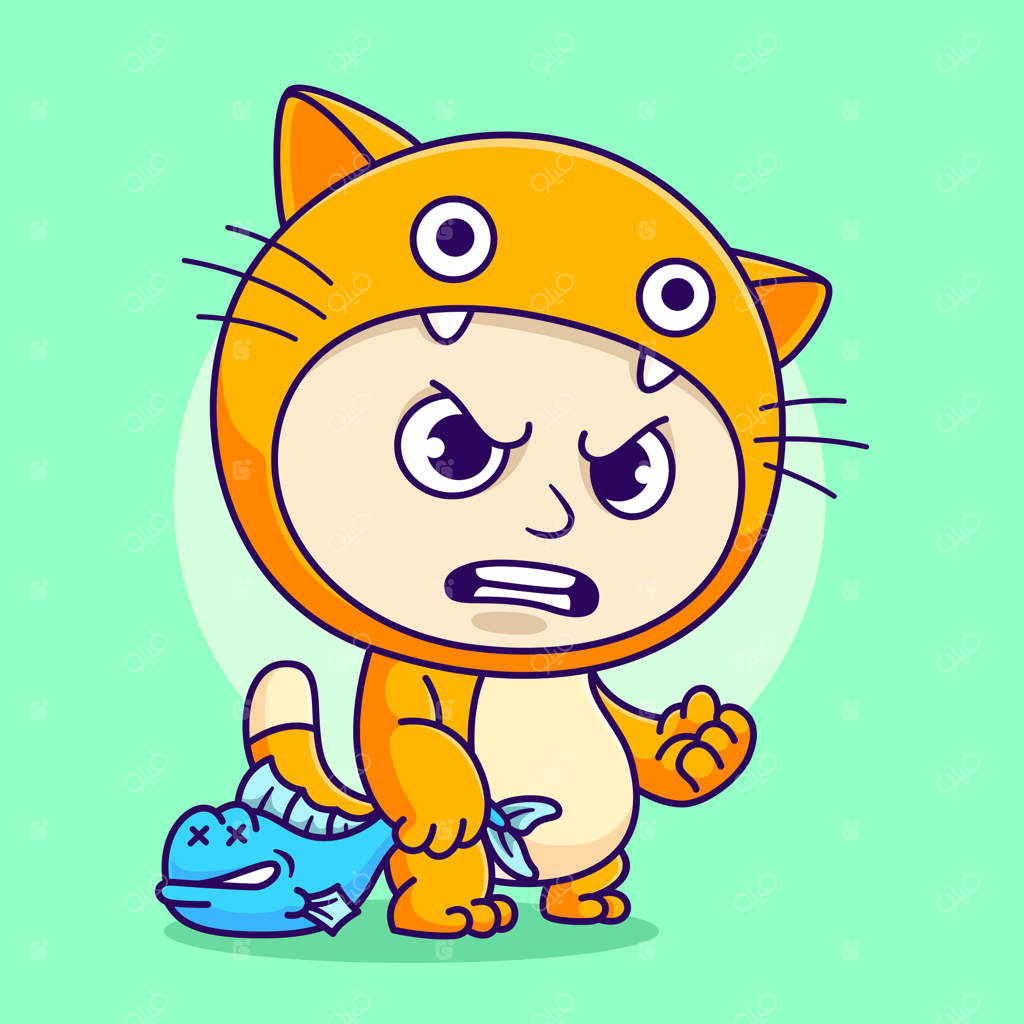 کودک بامزه با لباس گربه و ماهی در دست