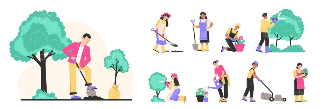 گروهی از شخصیت‌ها در باغ مشغول کار هستند؛ مردان و زنان که به هرس کردن بوته‌ها، چمن‌زنی، کاشتن گیاهان، کندن زمین و آبیاری می‌پردازند.