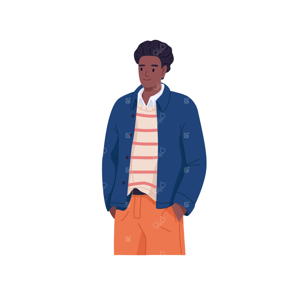 پرتره مرد جوان سیاه‌پوست: دانشجوی آفریقایی-آمریکایی با دست در جیب، لبخند و لباس غیررسمی (تصویرسازی وکتور ساده)