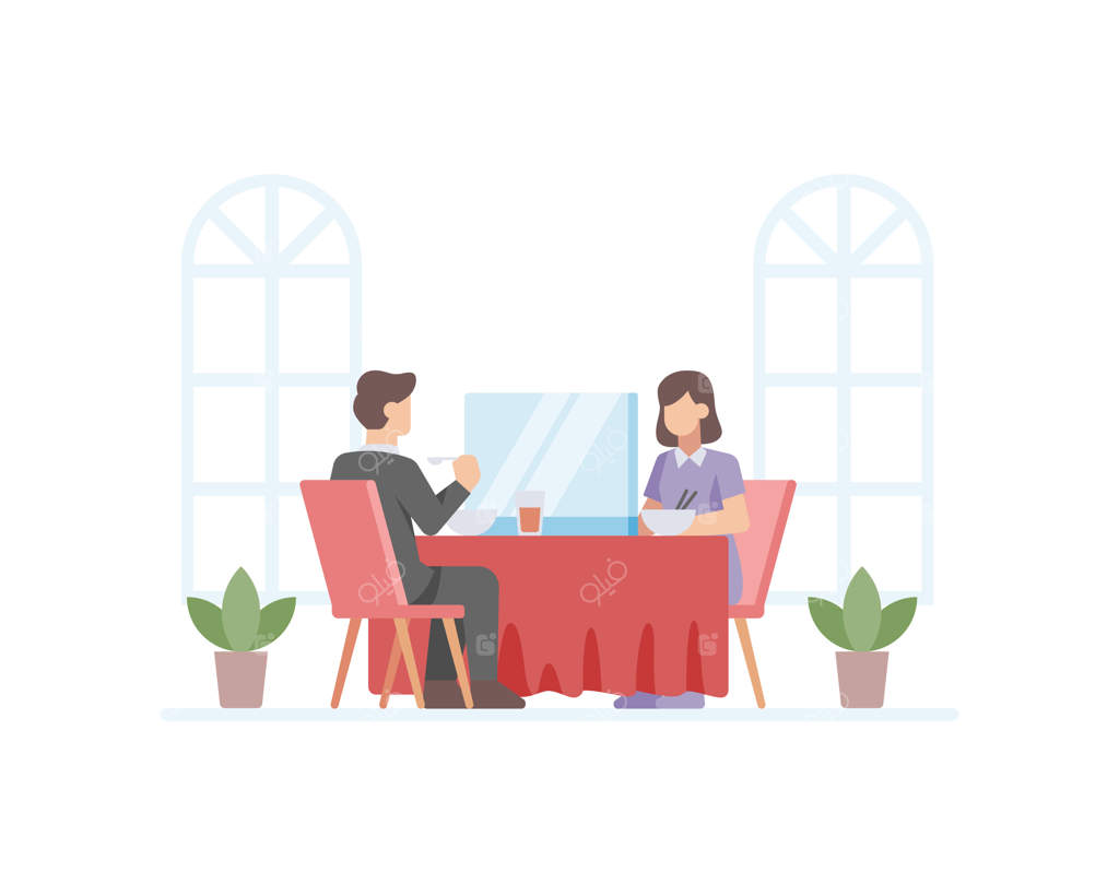 زوجی در رستوران با جداسازی شیشه‌ای برای جلوگیری از انتقال ویروس کرونا غذا می‌خورند: تصویرسازی