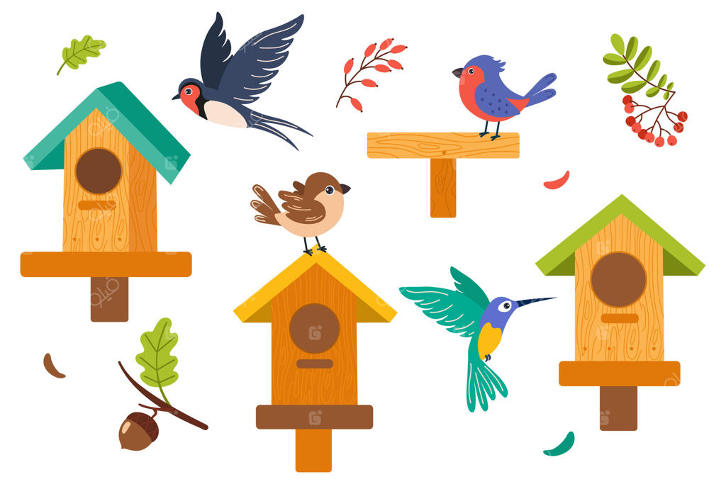 پرندگان رنگارنگ و لانه‌های پرنده در باغی سرزنده و شاداب در فصل بهار