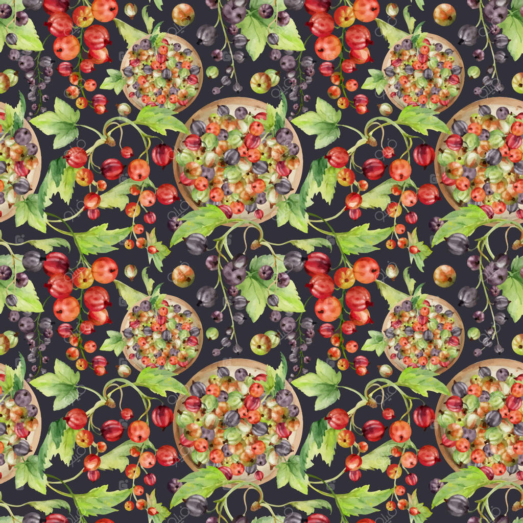 کشمش و انگور فرنگی در خوشه‌ها، برگ‌ها روی ظرف سرامیکی با آبرنگ طراحی‌شده، برداشت توت‌های رسیده باغ، کشسیل و جستابری. پترن یکپارچه بر روی زمینه تیره. بسته‌بندی غذای ارگانیک، پارچه اکو.