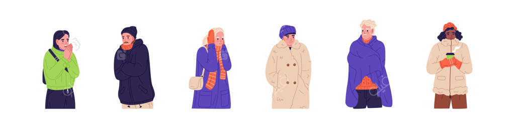 گروه افرادی که از سرما می‌لرزند و لباس‌های گرم زمستانی پوشیده‌اند - مرد و زن با کاپشن، پالتو، شال، و دستکش - تصویرسازی فلت با پس‌زمینه سفید