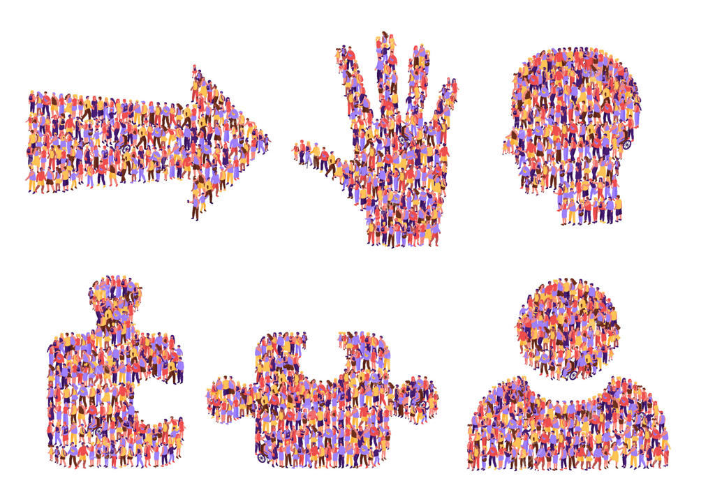 نمادهای جامعه: جمعیت افراد، فلش جهت‌گیری جامعه، دست یاری‌دهنده و سر تیم. مجموعه‌ تصاویر: شخص و قطعه پازل کارمند برای انجمن