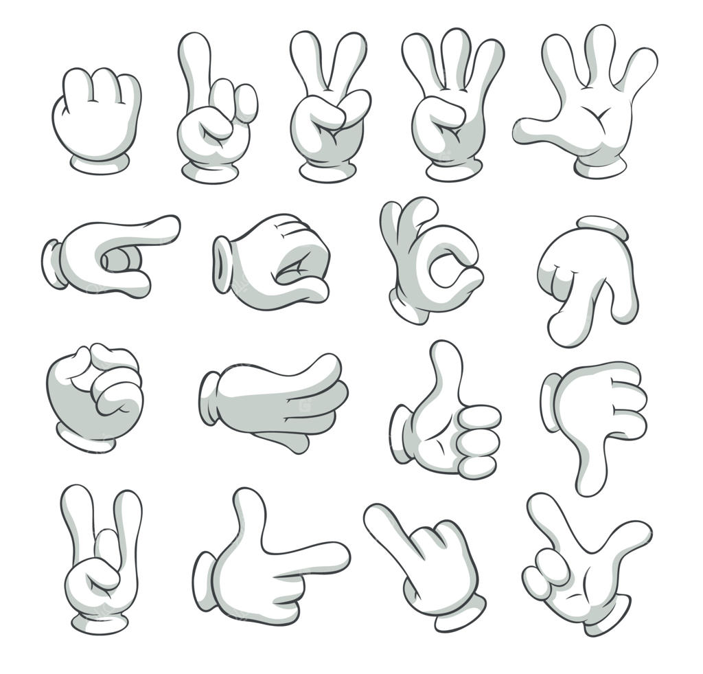 دست‌های کارتونی با دستکش: شخصیت با دستکش، حرکات دست. مجموعه‌ای از تصاویر برداری مجزا