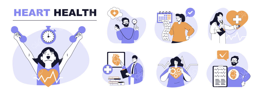 مجموعه وکتور مفهومی سلامت قلب با طراحی فلت؛ شامل صحنه‌های ورزش هوازی، اندازه‌گیری فشار خون، نوار قلب و معاینه بیمار توسط متخصص قلب