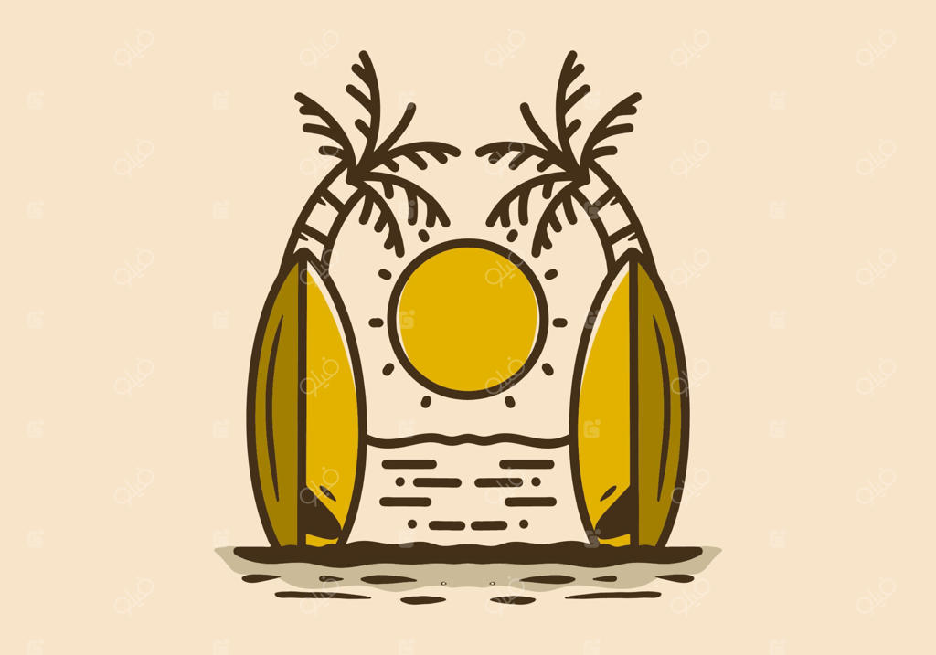 تصویر خطی تخته موج‌سواری بر روی ساحل