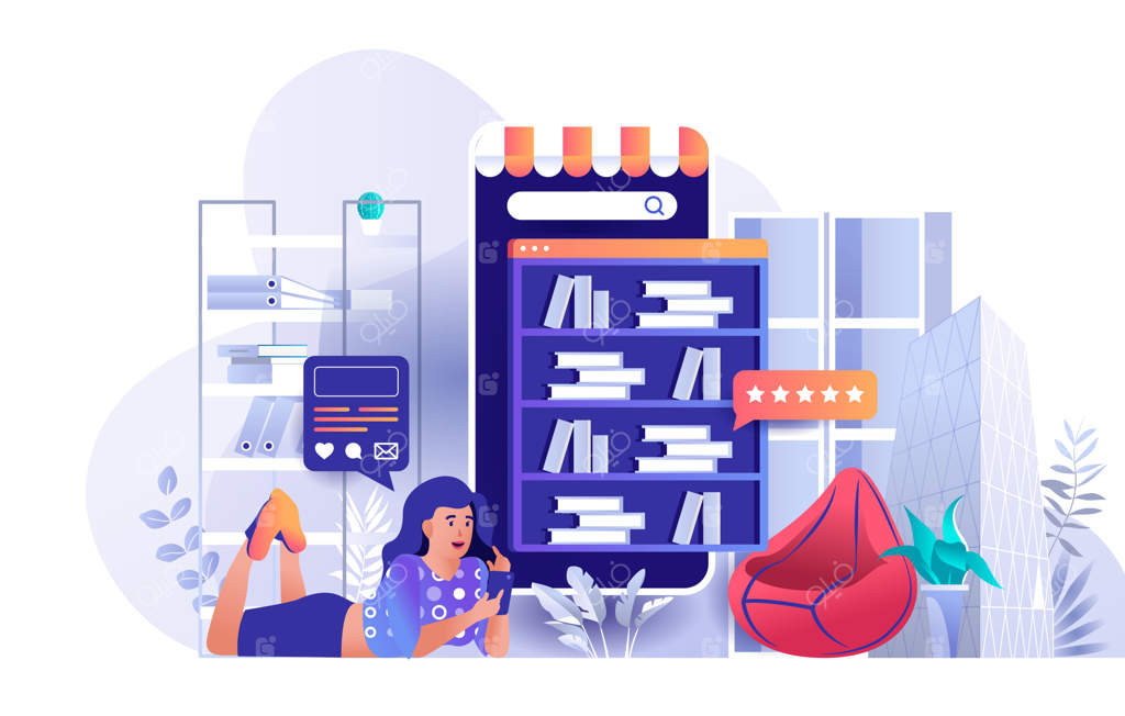 مفهوم طراحی تخت کتابخانه آنلاین با تصویرسازی شخصیت‌های مردم