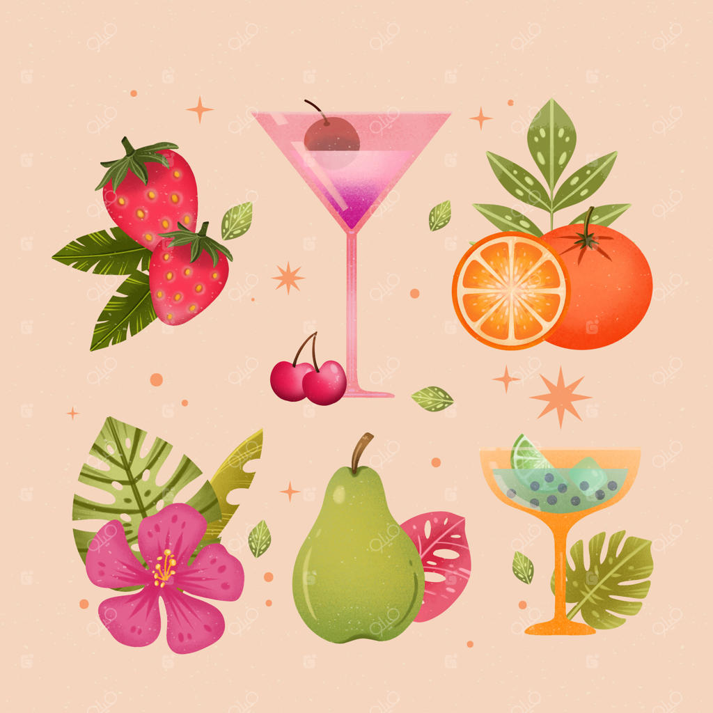 مجموعه عناصر طراحی تابستانی با آبرنگ