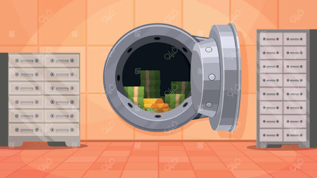 ورودی اتاق امن بانک با درب فلزی باز: کارتون انبار امن پول با حفاظت. پس‌زمینه گنجینه اسکناس و شمش‌های طلا.