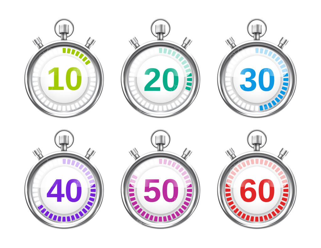 شش زمان‌سنج رنگارنگ با زمان‌های مختلف در بازه‌های ده‌تایی