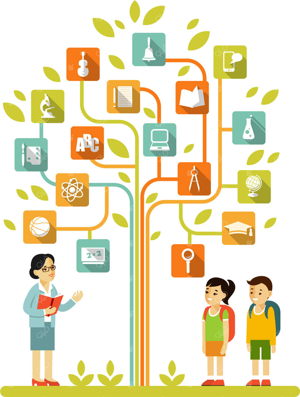 نمودار درخت دانش با آیکون‌های آموزشی، معلم و دانش‌آموزان مدرسه