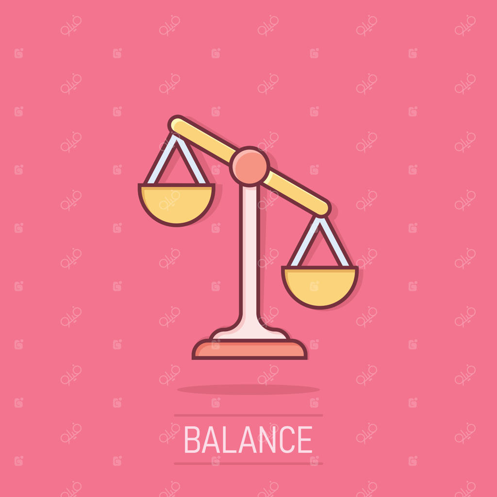 آیکون ترازو به سبک کمیک. تصویر کارتونی برج میزان در پس‌زمینه‌ای جداگانه. نشان اثر باران برای مفهوم تجاری مقایسه جرم.