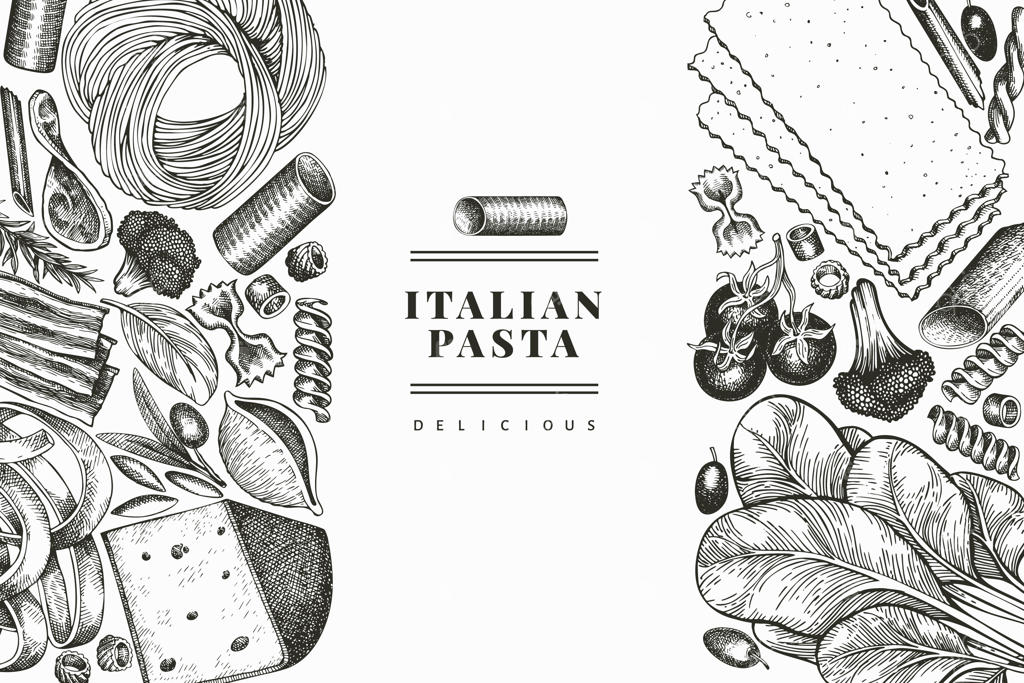 قالب طراحی پاستای ایتالیایی با افزودنی‌ها. تصویرسازی دستی غذا. سبک حکاکی. پس‌زمینه انواع مختلف پاستا کلاسیک.