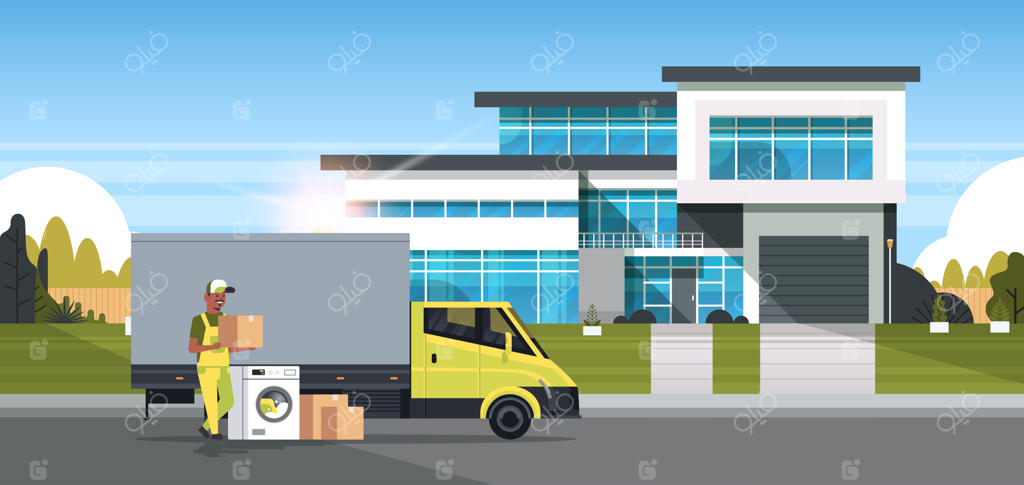 تحویل‌گیر در نزدیکی کامیون با جعبه‌های مقوایی، خرید لوازم خانگی از فروشگاه، نمای بیرونی خانه ویلایی