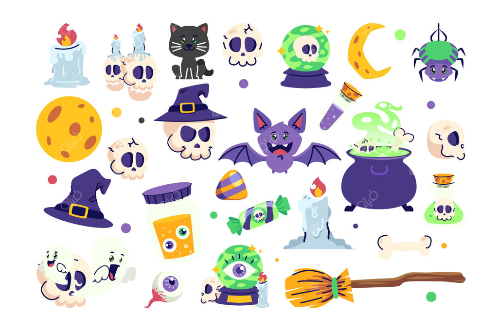 مجموعه‌ عناصر هالووین به سبک وکتور و طراحی تخت