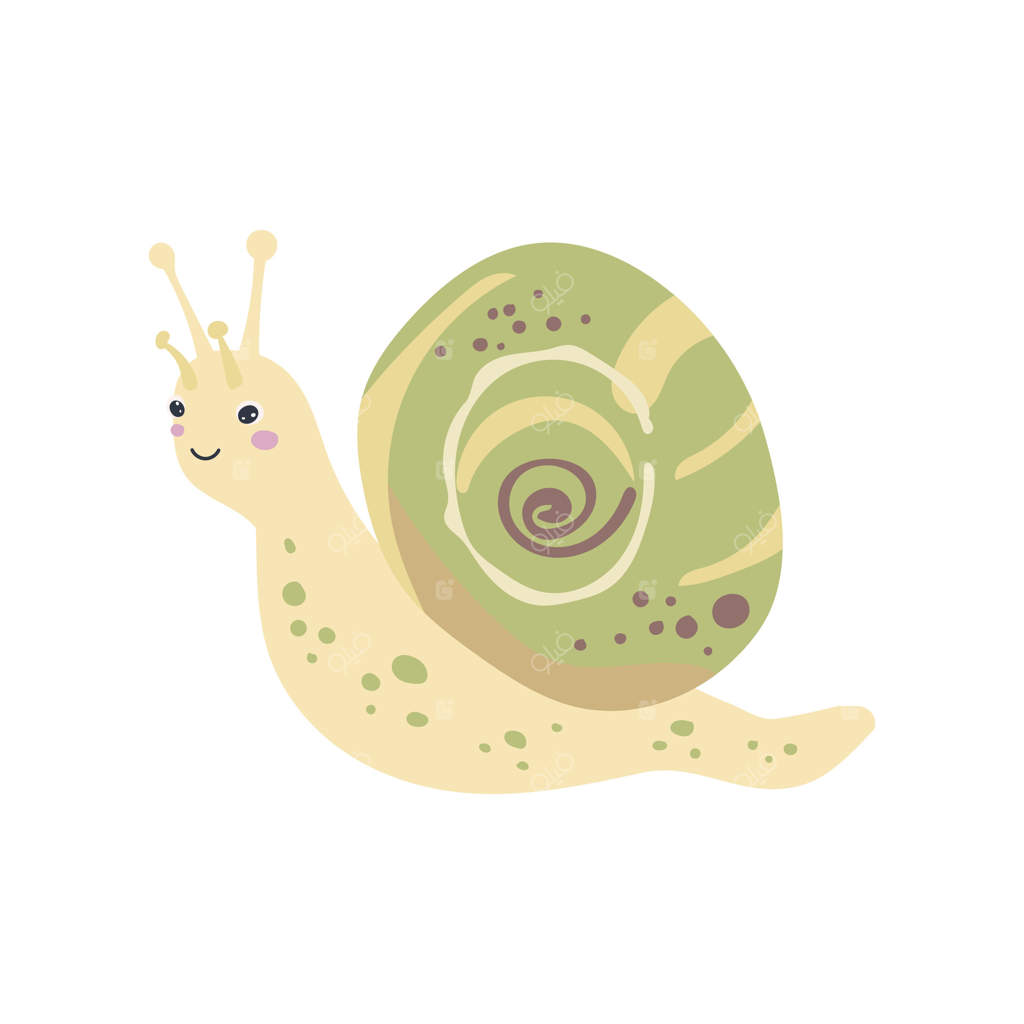 حلزون زرد با پوسته سبز چرخشی و بدن خال‌دار، مناسب برای هنر کارتونی موجودات بامزه، تصاویر باغ و طراحی شخصیت‌های ملایم پاستلی