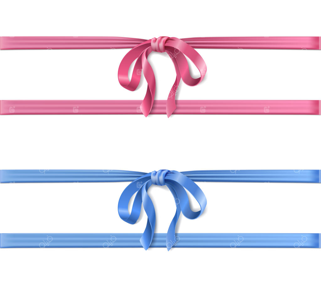 آیکون واقعی روبان‌های ساتن آبی و صورتی افقی با پاپیون برای جعبه کادوها