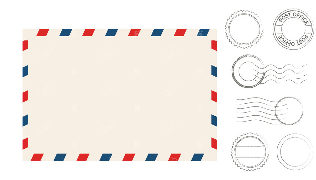 الگوی کارت پستال هوایی با حاشیه قدیمی پاکت و مجموعه تمبرها. بافت کاغذی، نامه vintage. پاکت خالی پستی هوایی.
