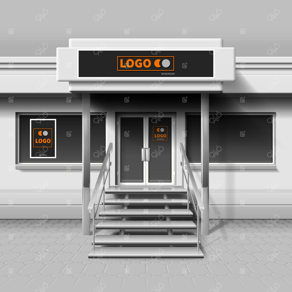 نمای بیرونی فروشگاه برای برندینگ و بنر تبلیغاتی. ساختمان مغازه، کافه یا فروشگاه با نمای خارجی.