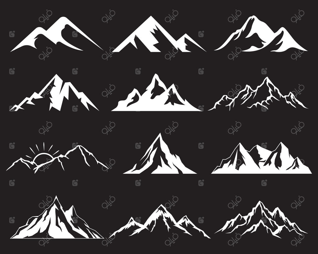 مجموعه نمادهای وکتور کوه؛ لوگوی سیاه و سفید کوهستان