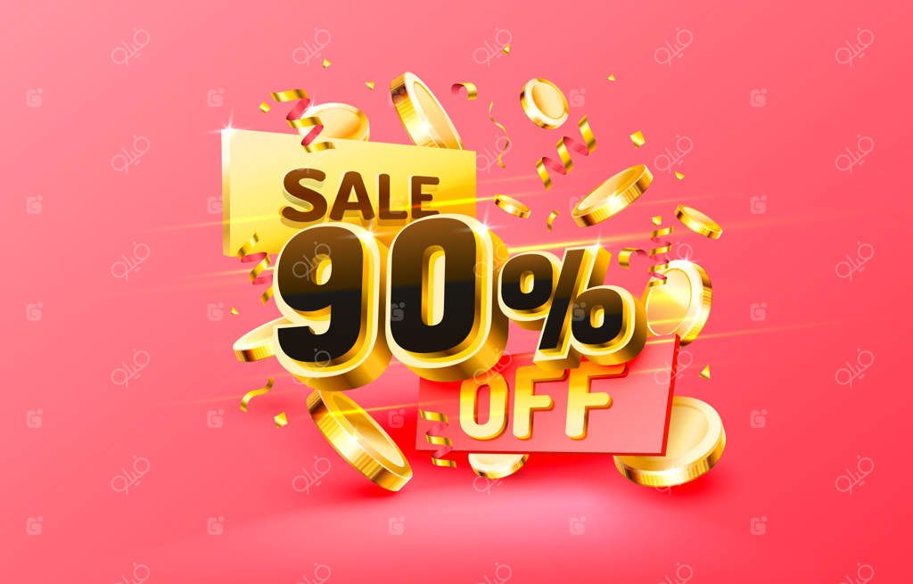 تخفیف ۹۰ درصدی! طراحی خلاقانه فروش ویژه. نماد حراج سه‌بعدی با اشیای تزئینی، کاغذ پاش طلایی، سکوی نمایش و جعبه هدیه. بنر و پوستر فروش. تصویرسازی برداری.