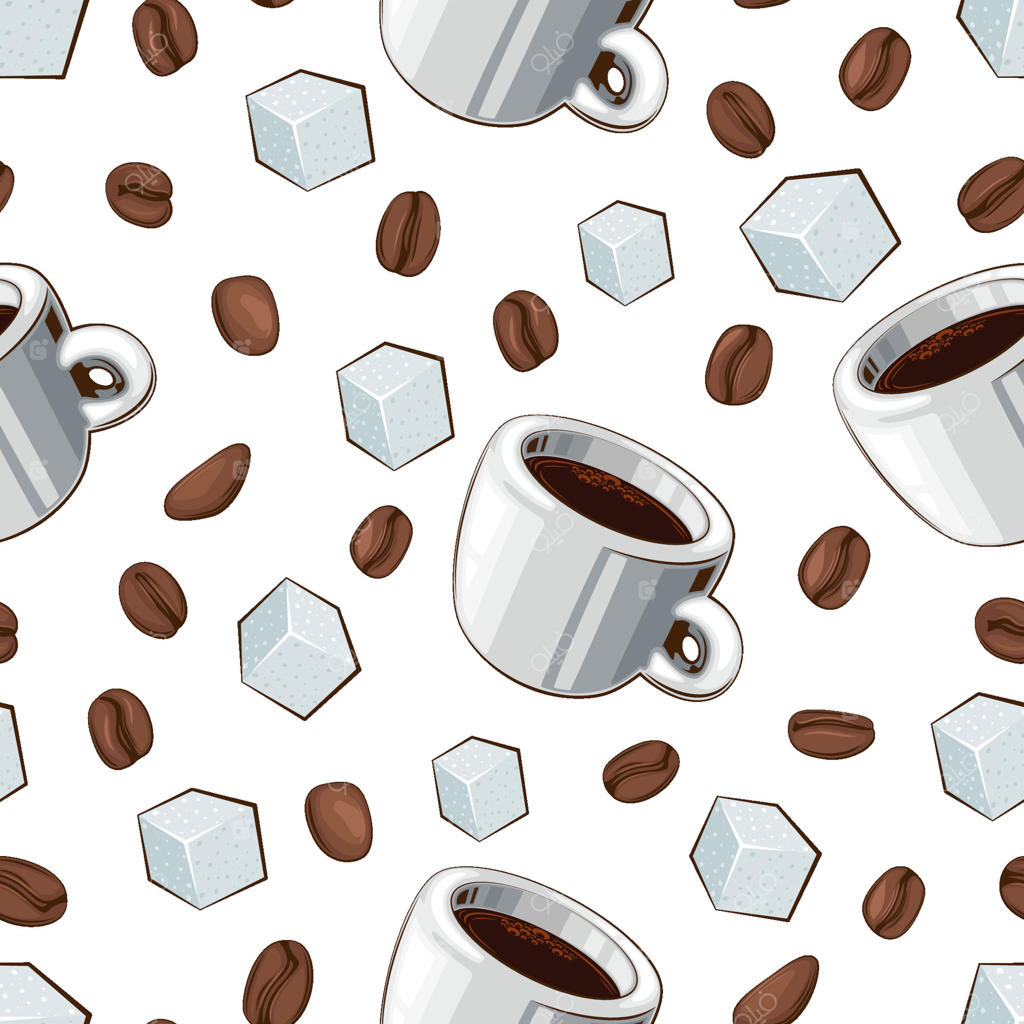 پترن یکپارچه فنجان‌های قهوه. طرح دانه‌های قهوه. پس‌زمینه قهوه. الگوهای دانه قهوه برای پارچه، بسته‌بندی، و کافی‌شاپ‌ها. تصویرسازی دستی.