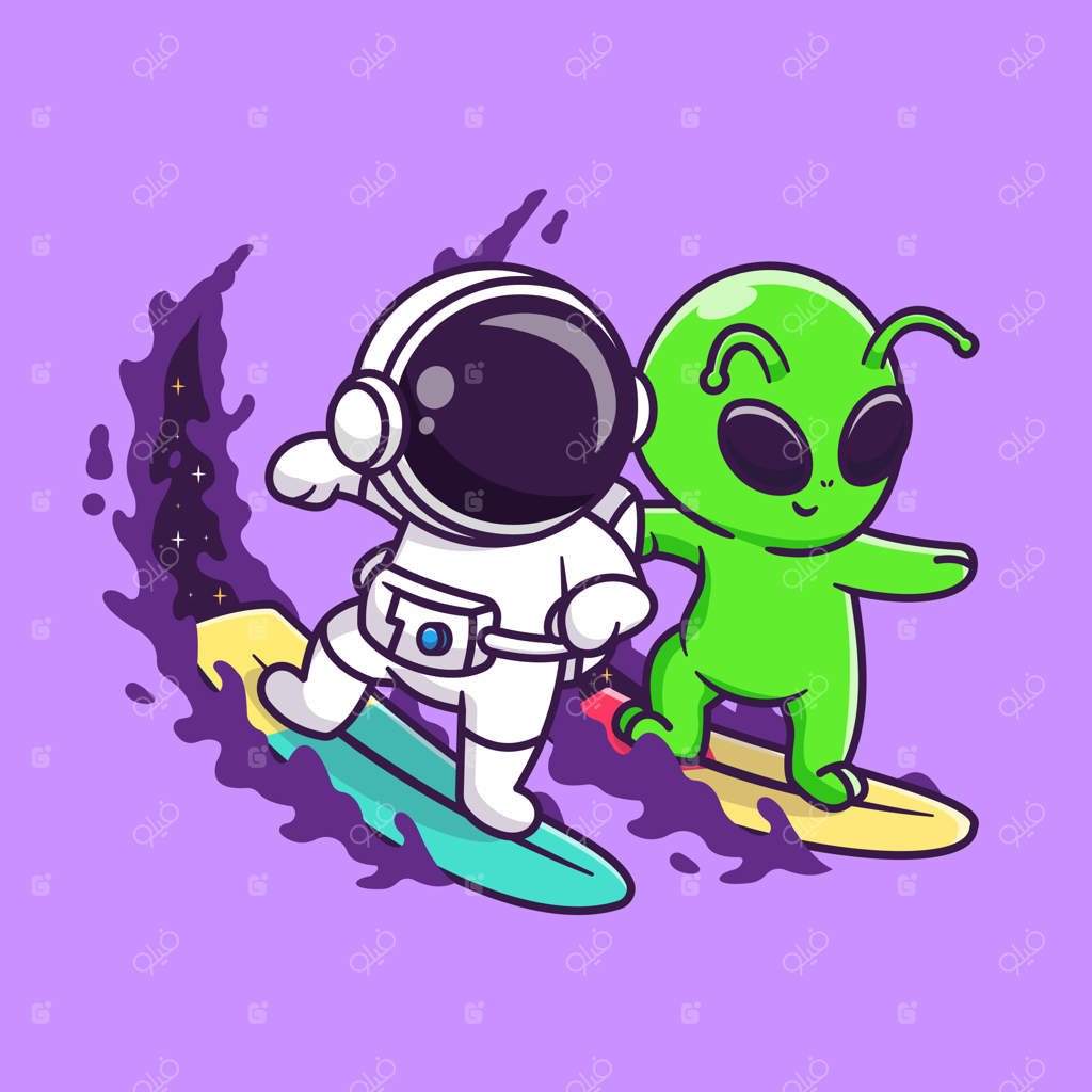 تصویر بامزه فضانورد و موجود فضایی در حال موج‌سواری در فضا - بردار کارتونی. ورزش علمی