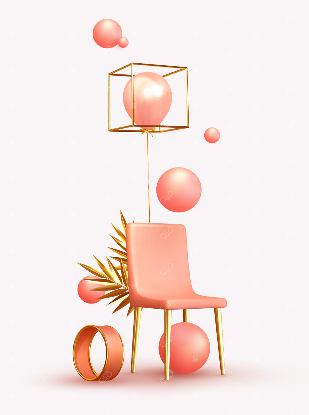 پس‌زمینه مینیمال و انتزاعی خلاقانه: طراحی واقع‌گرایانه اشیای سه‌بعدی با شکل‌های مختلف، صندلی صورتی، برگ‌های شاخه نخل طلایی، کره مرجانی، توپ گرد و بادکنک‌های به رنگ رز. تصویر برداری وکتور