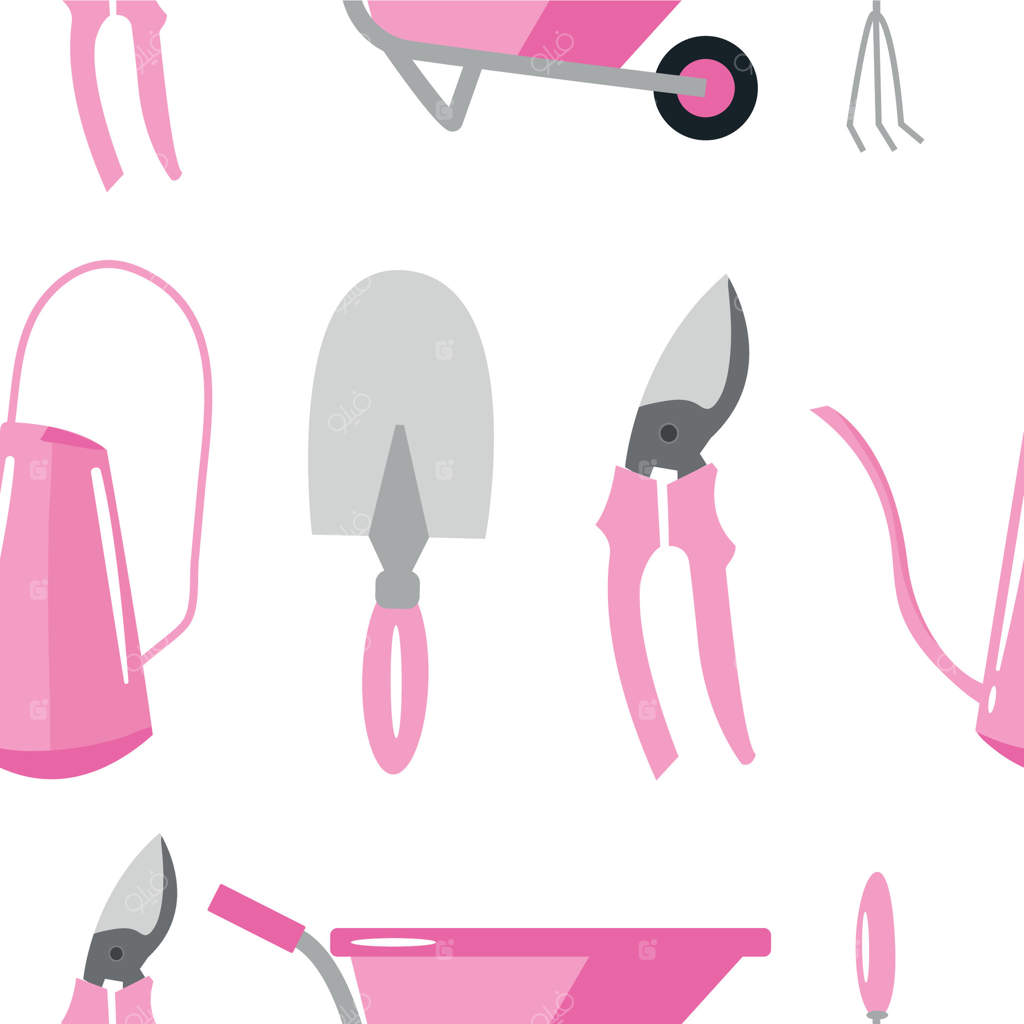 طرح یکپارچه با ابزارهای مختلف باغبانی شامل بیلچه‌ها، چنگک‌ها و قیچی‌ها در رنگ صورتی بر روی زمینه سفید، مناسب بسته‌بندی یا منسوجات