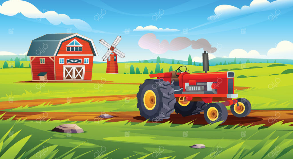 تصویرسازی کارتونی از منظره مزرعه روستایی، تراکتور در جاده خاکی، انبار و آسیاب بادی در زمین‌های سرسبز زیر آسمان آبی