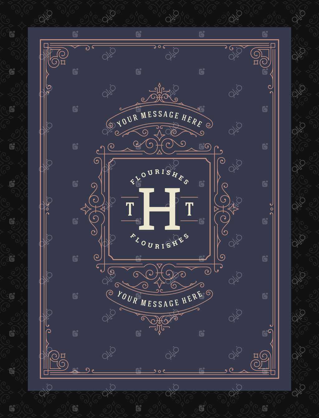 قالب طراحی کارت تبریک با تزئینات قدیمی و قاب‌های خوشنویسی وینتیج و ویگنت‌ها