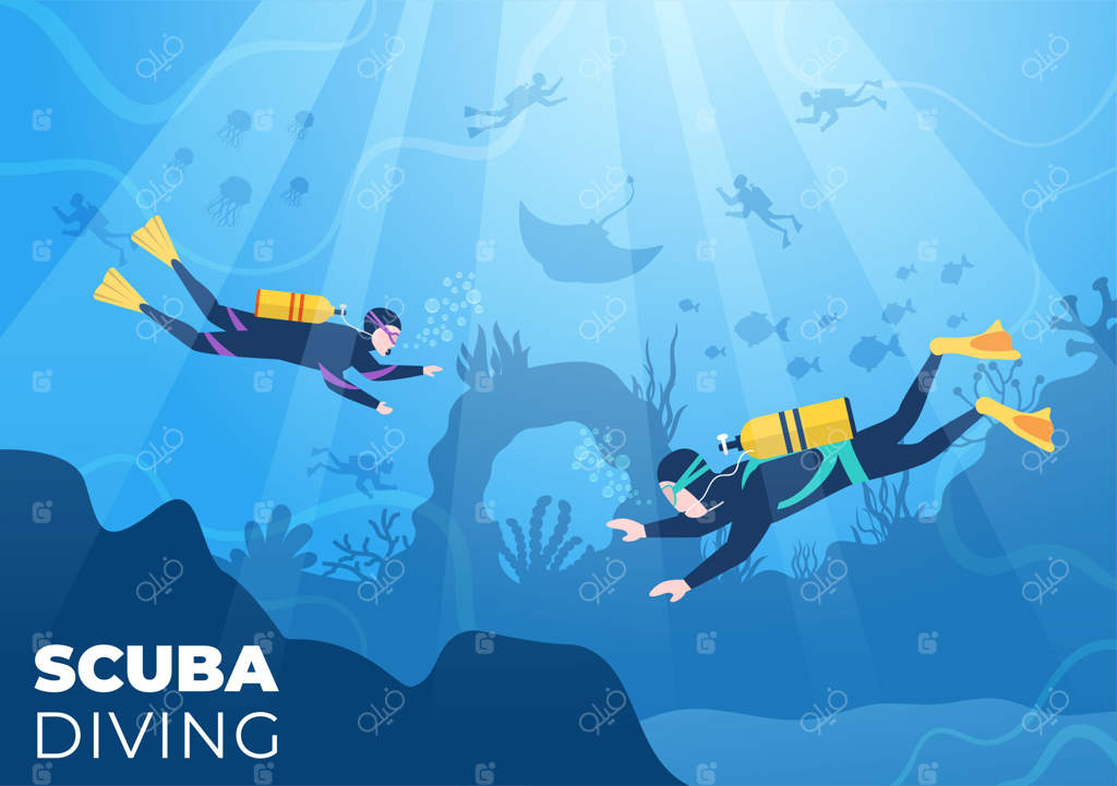 غواصی با تجهیزات شناور زیرآب برای کاوش دریا به سبک کارتونی تخت