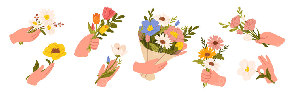 دست‌هایی که دسته گل را نگه داشته‌اند. دست مردانه با گل‌های بهاری و تابستانی، لاله‌ها و گل‌های مروارید، گل‌های ذرت و رزها. عناصر رمانتیک وکتور