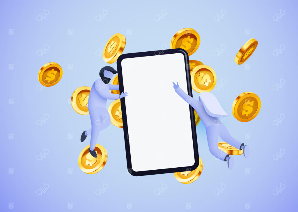 مفهوم پرداخت آنلاین با گوشی، سکه‌ها و افراد کوچک کسب‌وکار و درآمد آنلاین