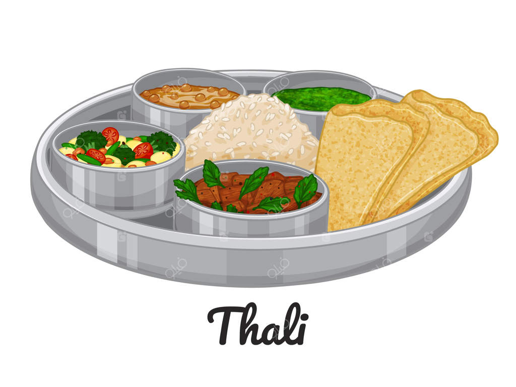 غذای سنتی هندی: تالی. تصویرسازی. جدا شده بر روی زمینه سفید. نقاشی دستی. سبک کارتونی.