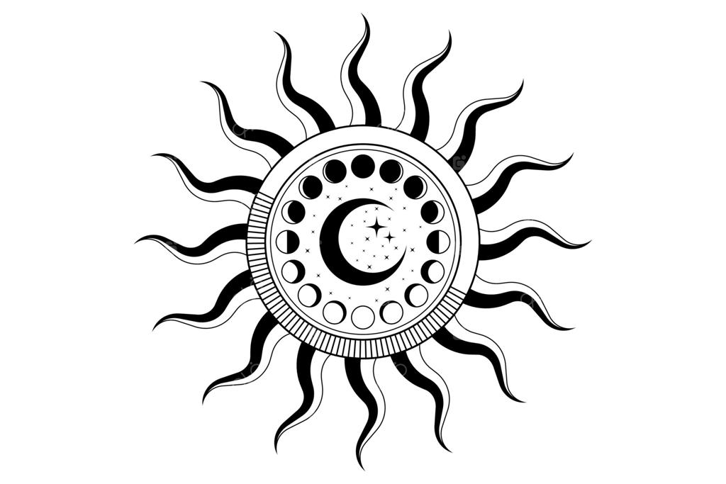 مراحل اسرارآمیز خورشید و ماه آسمانی، مدار جادویی و عرفانی، کیمیاگری هلال ماه، هندسه مقدس، لوگوی معنوی و عرفانی، نمادهای ویکا و پاگانیسم روی زمینه سفید