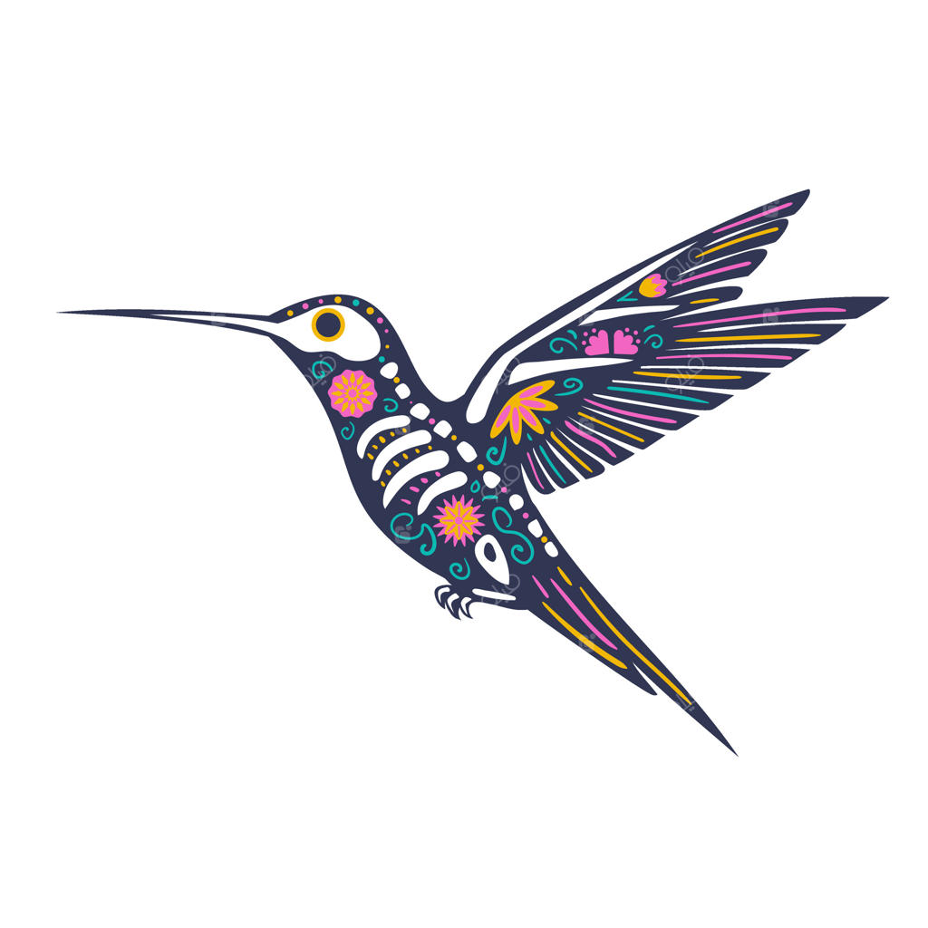 اسکلت مرغ مگس‌خوار تزئین شده با گل‌ها و عناصر تزئینی، نمای جانبی. حیوانی جشنواره‌ای برای روز مردگان مکزیک، دیا د لوس مورتوس.